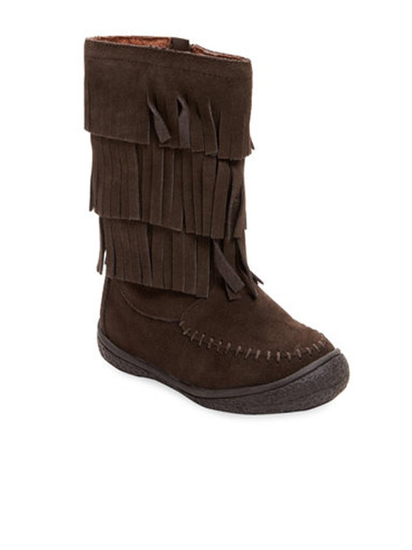 L'Amour Girls Brown Tiered Fringed Side Zip Suede Leather Mid Boots 11-4 Kids - SophiasStyle.com